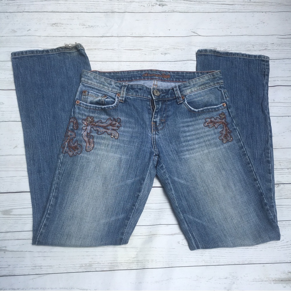 American Eagle Outfitters rose Gold embroidered bootcut jeans